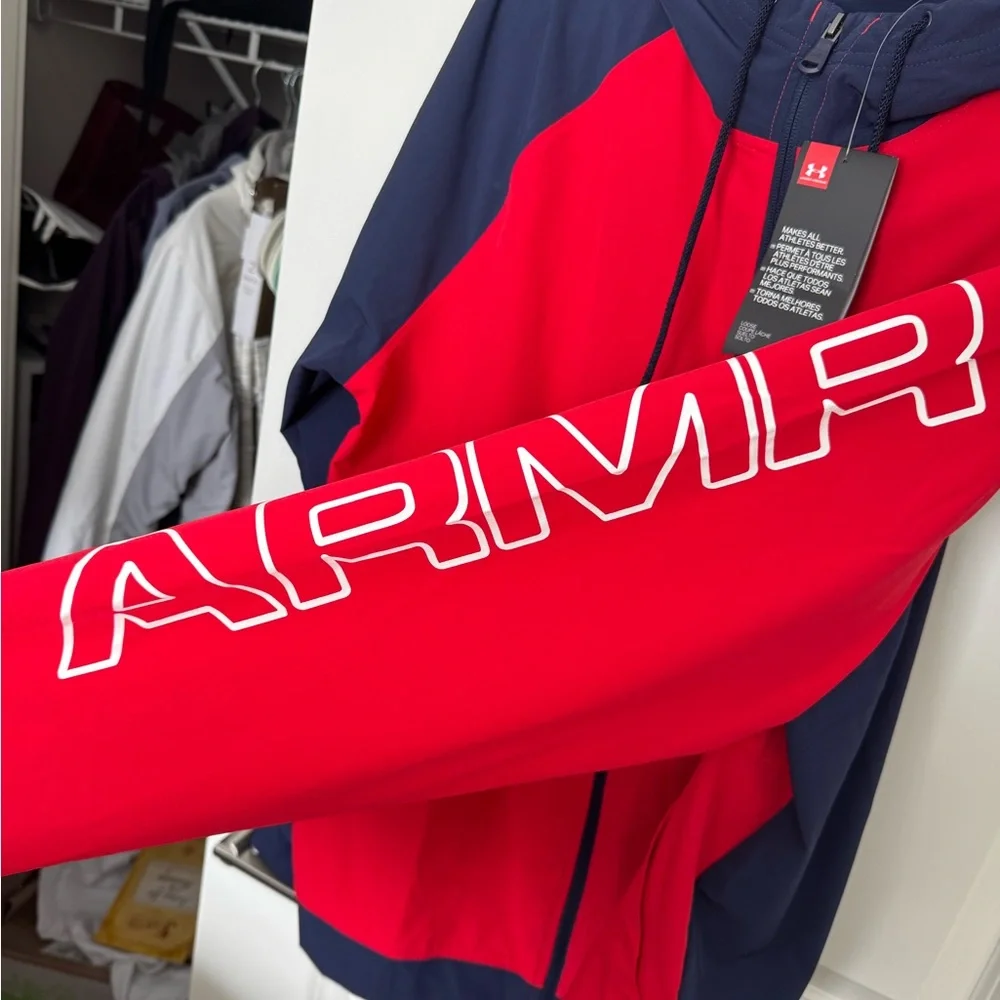 Under Armour Full Zip Hoodie Red Navy Logo Sleeves Men’s XL NWT - Picture 6 of 12